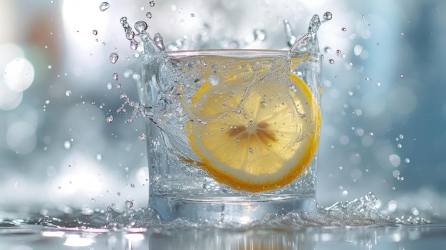 Une moitié de citron plonge dans un verre d'eau cristalline capturant un moment rafraîchissant