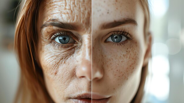 La moitié du visage d'une jeune femme avec des taches de rousseur et la moitié du visages d'une femme âgée avec des rides le concept de vieillissement et le passage du temps