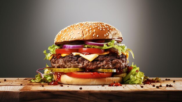 La moitié d'un hamburger sur le bureau en bois, fond blanc.