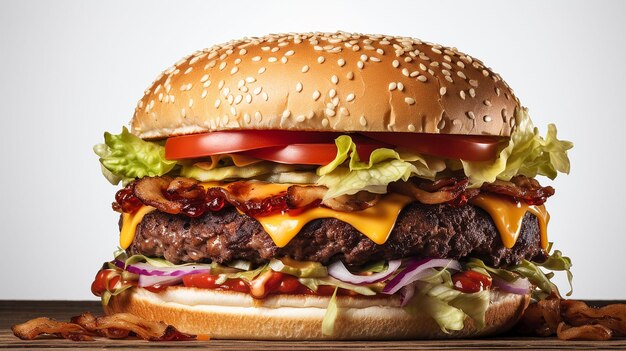 La moitié d'un hamburger sur le bureau en bois, fond blanc.