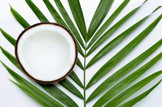 La moitié de la noix de coco sur les feuilles de palmiers tropicaux. Vue de dessus