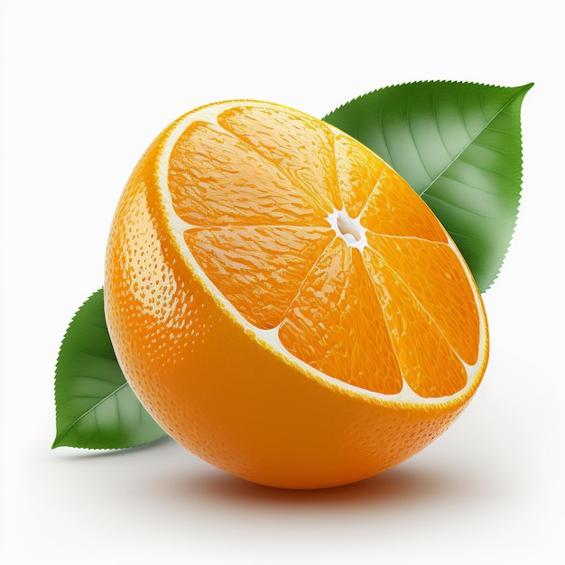 La moitié d'une orange avec des feuilles sur un fond blanc