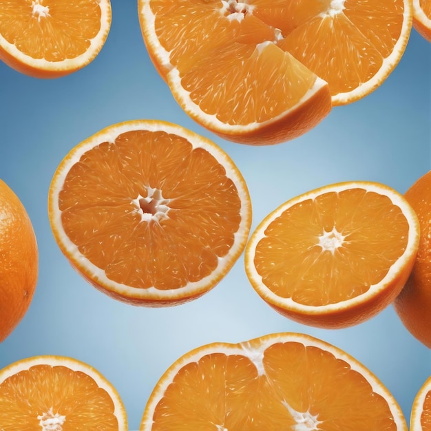 La moitié d'une orange juteuse sur un fond blanc et bleu