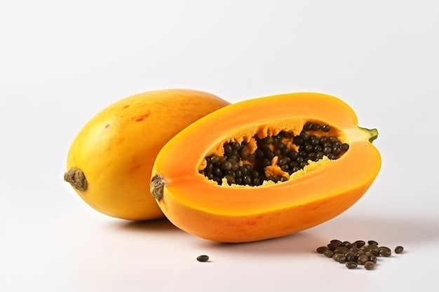 La moitié d'un papaya mûr avec des graines sur le mur blanc