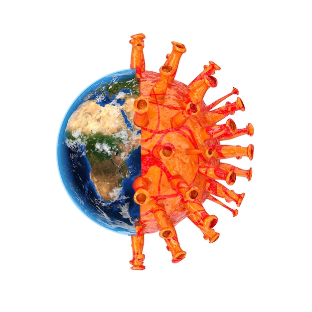 La moitié de la planète Terre occupée par la cellule du coronavirus COVID-19 sur fond blanc. Rendu 3D. Éléments de cette image fournis par la NASA