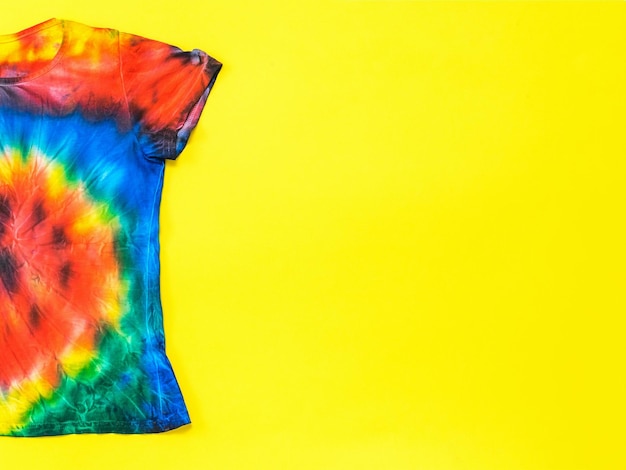 La moitié d'un tshirt tie dye sur fond jaune Mise à plat