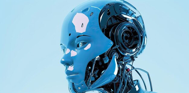 La moitié d'un visage de robot avec des traits humains sur un fond bleu symbolisant la fusion de la technologie