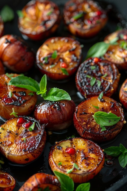 Des moitiés de pêche grillées au balsam glacé avec du basilic frais