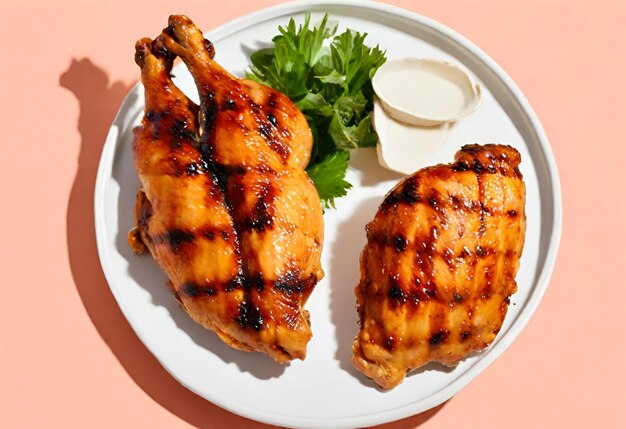Des moitiés de poulet juteux grillé appétissant avec une croûte brun doré servi avec barbecue