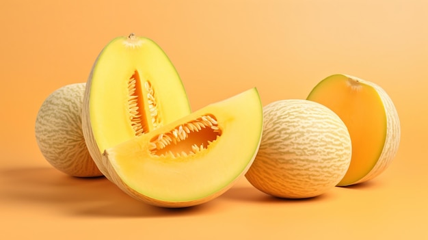 Photo moitiés et tranches de melon isolées sur fond blanc