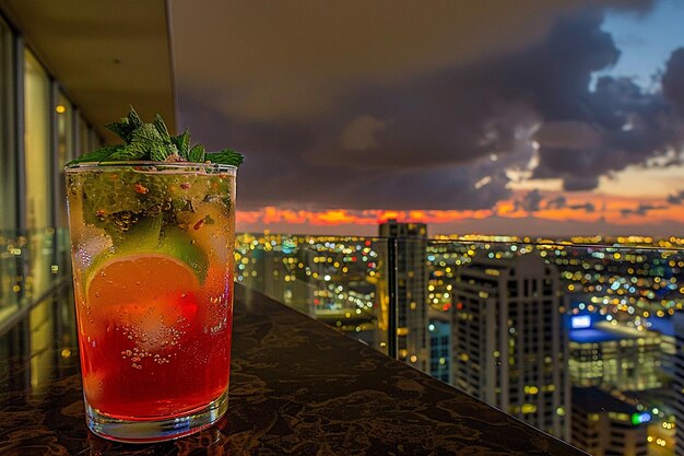 Un mojito apprécié dans un salon sur le toit avec des lumières de la ville en arrière-plan