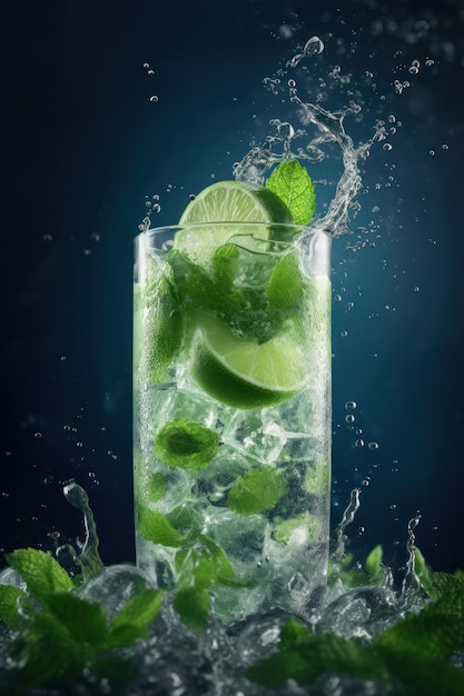 Mojito cocktail avec glace citron vert et menthe sur fond bleu Generative AI