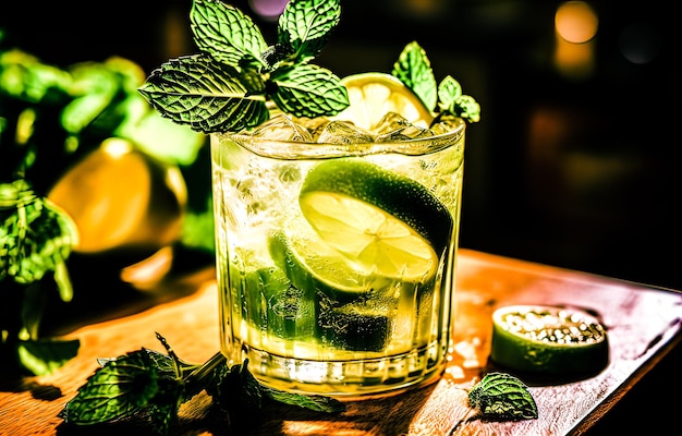 Mojito cocktail à la menthe citron vert et glace sur fond noir