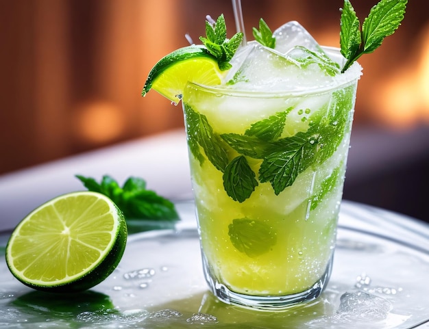 Mojito cocktail à la menthe citron vert et glace sur table en bois