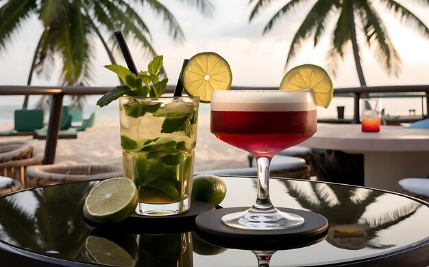 Mojito et cocktail de San Francisco sur une table dans un bar sur la plage