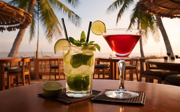 Mojito et cocktail de San Francisco sur une table dans un bar sur la plage