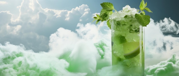 Mojito divin au milieu des nuages avec du lime et de la menthe Boisson verte surréaliste toile de fond nuageuse AI Génératif