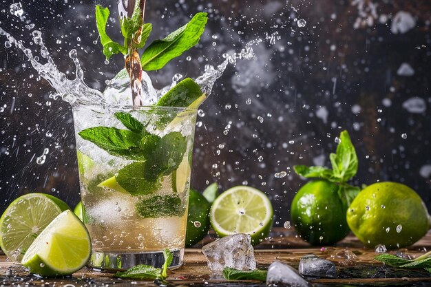 Un mojito est versé dans un verre avec un peu de grenadine.