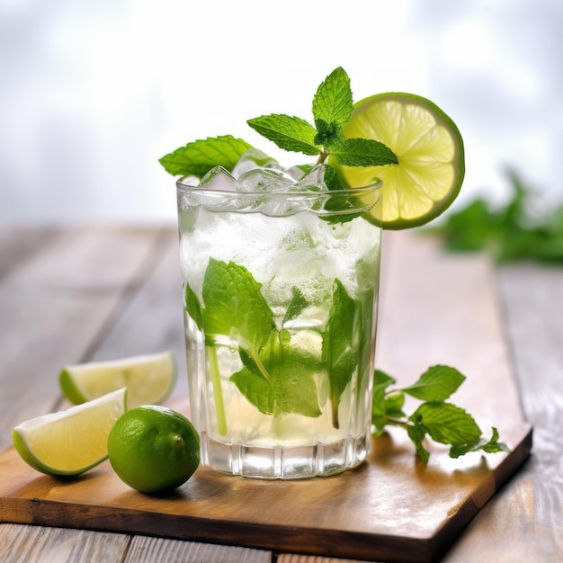 Un Mojito frais sur une table blanche en bois