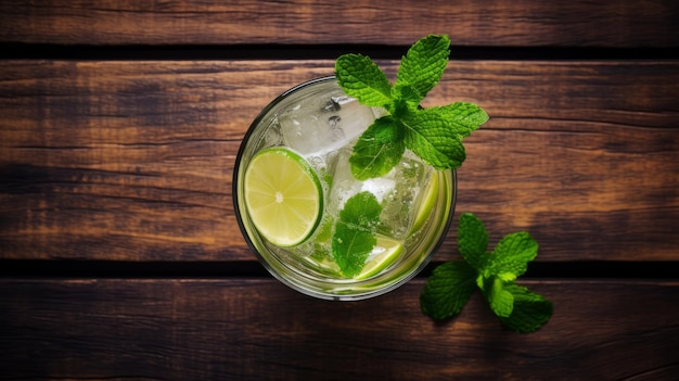 Un Mojito rafraîchissant sur une table en bois vue aérienne