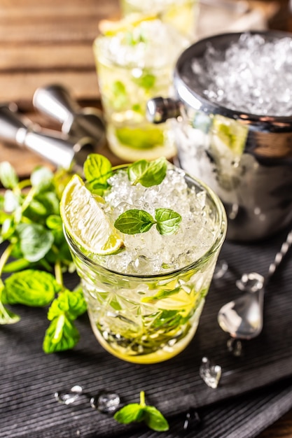 Mojito ou vierge mojito long rhum à base de menthe fraîche, jus de citron vert, sucre de canne et soda.