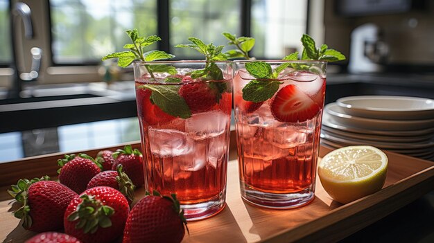 Mojitos aux fraises à base de fruits frais Trois boissons ont été servies sur une table en marbre blanc avec str