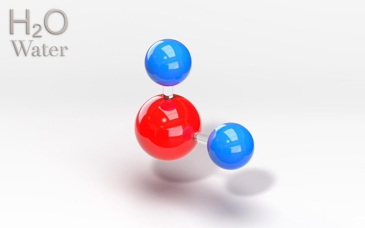 Photo molécule d'eau h2o avec rendu 3d d'atomes d'hydrogène et d'oxygène