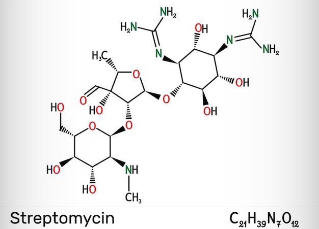 Molécule de streptomycine C21H39N7O12 Il s'agit d'un antibiotique aminoglycosidique de formule chimique squelettique