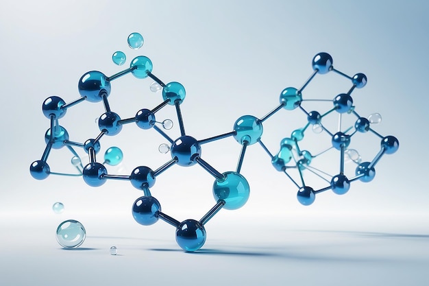 Photo molécule de verre 3d ou atomes sur fond bleu clair convient pour les produits pharmaceutiques biochimiques
