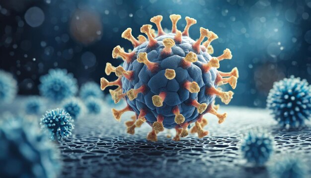 Photo molécule de virus sous un microscope montrant des détails complexes et des couleurs vives représentant le