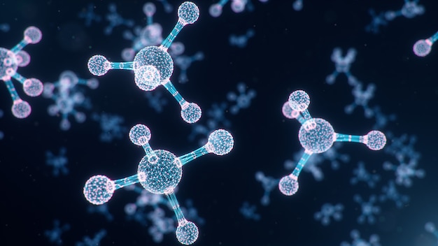 Molécules numériques abstraites, fond d'atomes. Structure de la grille, lignes de connexion et points. Chimie moléculaire des lignes de connexion et des points, rendu 3D