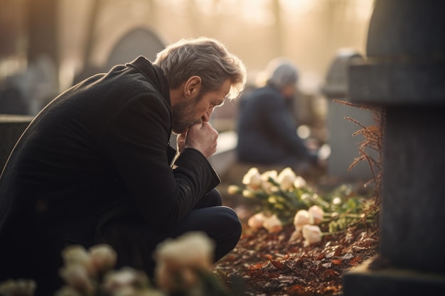 Photo un moment d'adieu plongeant dans la profondeur émotionnelle d'un enterrement et d'un adieu où chaque larme et chaque mot reflète la mémoire et le respect pour celui qui est décédé