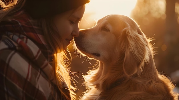 Photo un moment d'affection chaleureux entre une jeune fille et son loyal compagnon canin capturé dans la lueur dorée du coucher de soleil