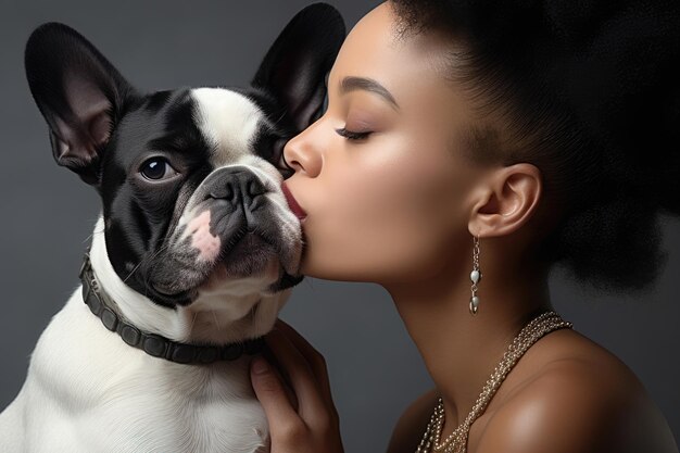 Photo un moment d'affection entre une femme et un bulldog français noir et blanc montrant un tendre lien humain-animal.