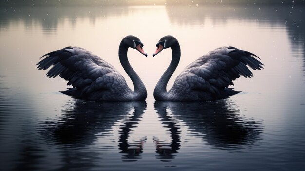 Moment d'amour de deux cygnes noirs dans le lac