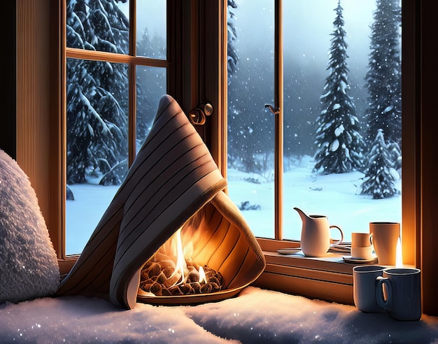 Un moment au coin du feu avec une tasse de cacao et une vue sur les flocons de neige qui tombent par la fenêtre