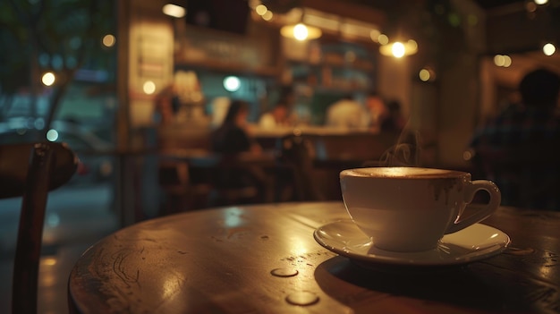 Un moment de café serein une tasse fumante au premier plan un intérieur ambiant chaud