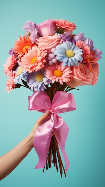 Photo un moment captivant alors qu'un bras d'homme présente un bouquet vibrant de la saint-valentin à sa petite amie isolé sur un fond coloré