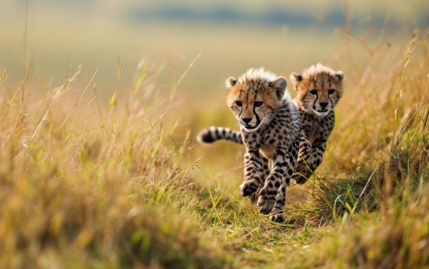 Un moment captivant où des petits guépards jouent dans la nature