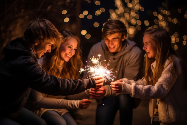 Un moment chaleureux d'un adolescent allumant soigneusement des étincelles pour ses frères et sœurs plus jeunes pendant