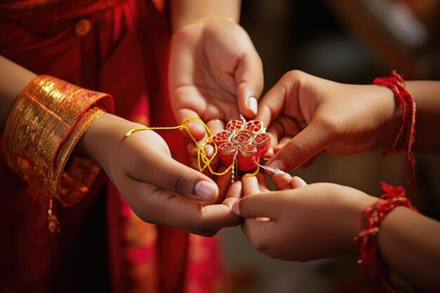 Le moment chaleureux d'une sœur qui attache un rakhi