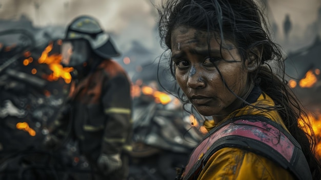 Photo un moment de courage et de réaction à une urgence quand un pompier aide une victime au milieu de la fumée et des débris