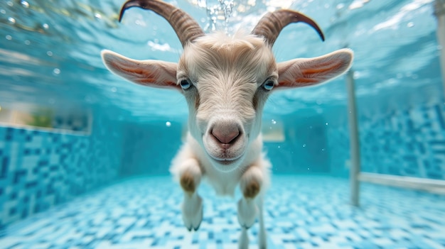 Moment drôle capturé chèvre dans la piscine fait une plongée profonde