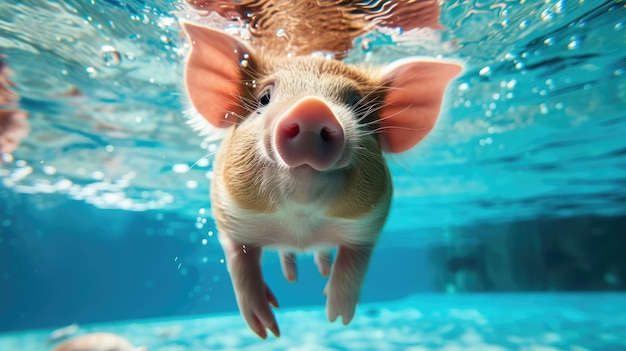 Photo moment drôle capturé cochon dans la piscine fait une plongée profonde