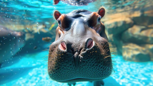 Moment drôle capturé un hippopotame dans une piscine fait une plongée profonde