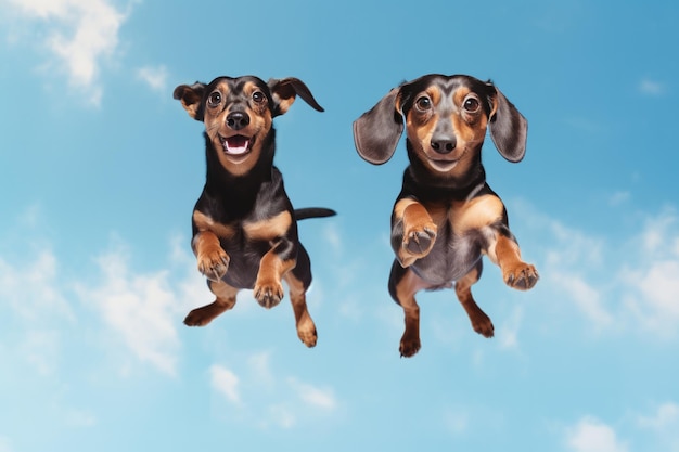 Le moment du saut Deux chiens de dachshund sur le fond bleu du ciel Le moment du Saut Des dachshunds sur le fond Bleu du ciel