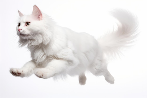 Le moment du saut du chat d'angora turc sur fond blanc