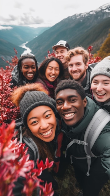 Photo le moment du selfie de groupe des fleurs de cerisier au japon