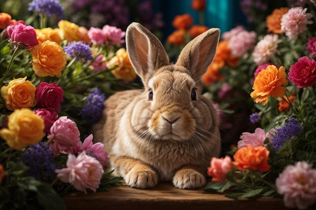 Moment enchanteur : l'aventure ludique du lapin dans un jardin fleuri