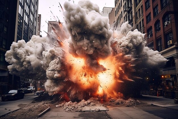 Le moment d'une énorme explosion au milieu de la rue de la ville